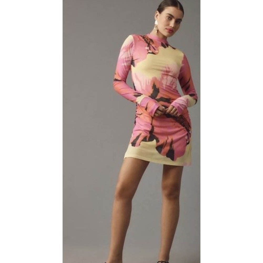 Farm Rio for Anthropologie Pink Tropical Floral Ruched Mesh Mini Dress
Size: M